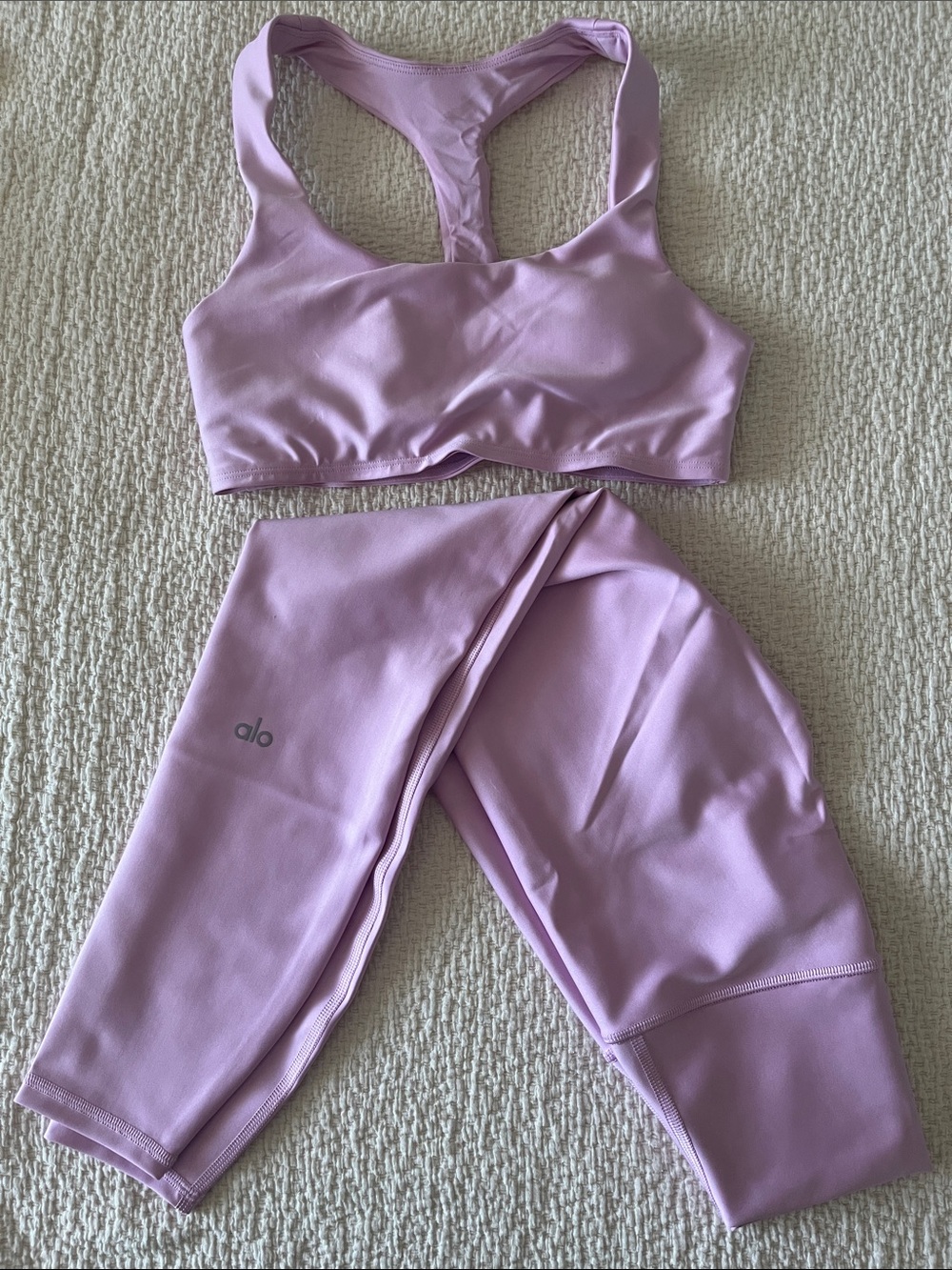 ALO Yoga Light Lavender Racerback Sports Bra (XS) & Leggings (XXS) Set